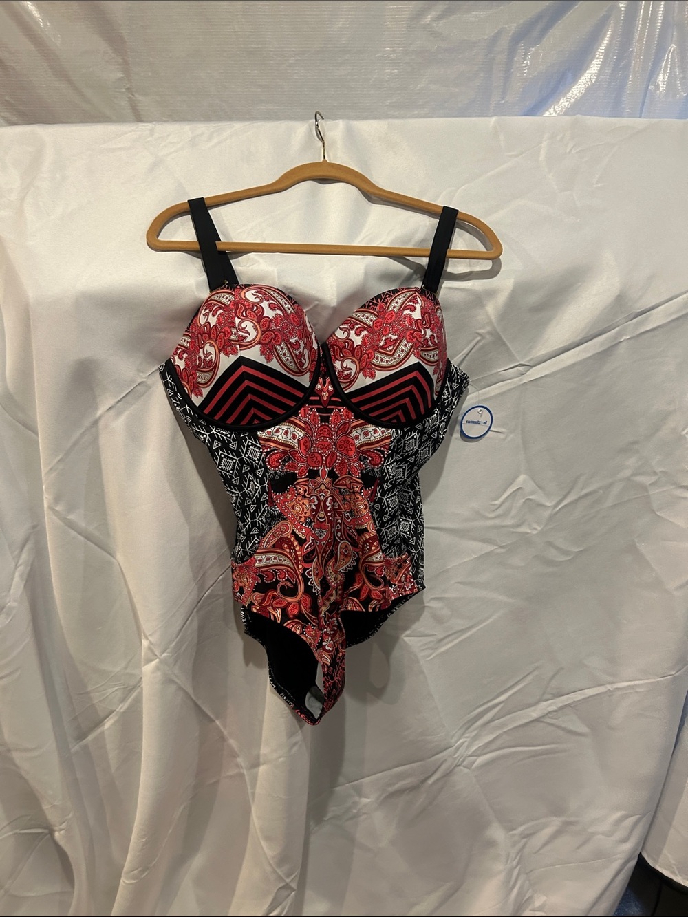 Red & Black Paisley Pattern One-Piece Swimsuit for women.